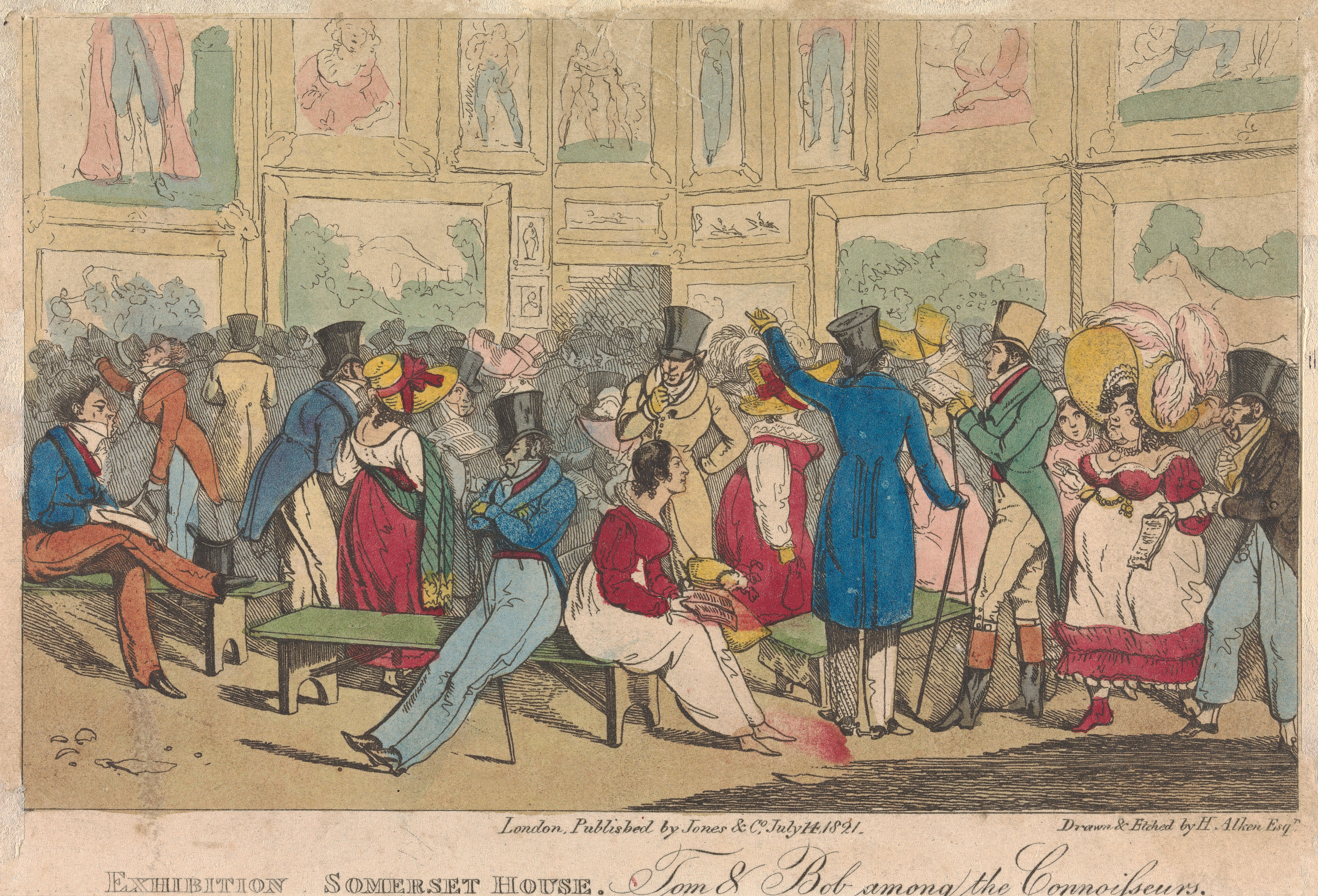 Cartoon by Henry Thomas Alken, dated 1821, of an exhibition at Somerset House. From the collection of the Yale Center for British Art.